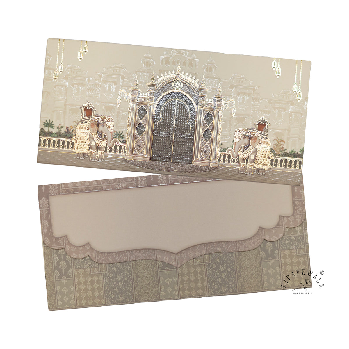 Ivory Palace Gate & Royal Elephants matte UV shagun envelope by LIFAFEWALA – front and back, angled view
