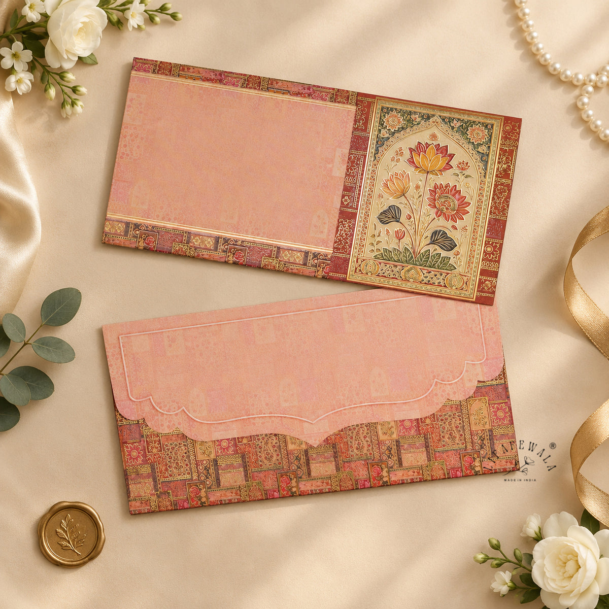 Blush Mughal Lotus Panel velvet UV shagun envelope by LIFAFEWALA – styled flat lay