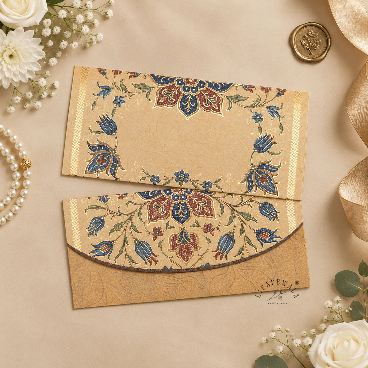 Blue Tulip Mughal Floral matte UV shagun envelope by LIFAFEWALA – styled flat lay