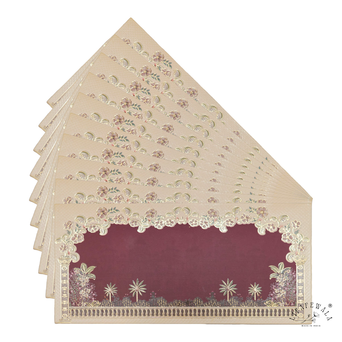 Maroon Floral Frame Palace Garden matte UV shagun envelope by LIFAFEWALA – fanned pack