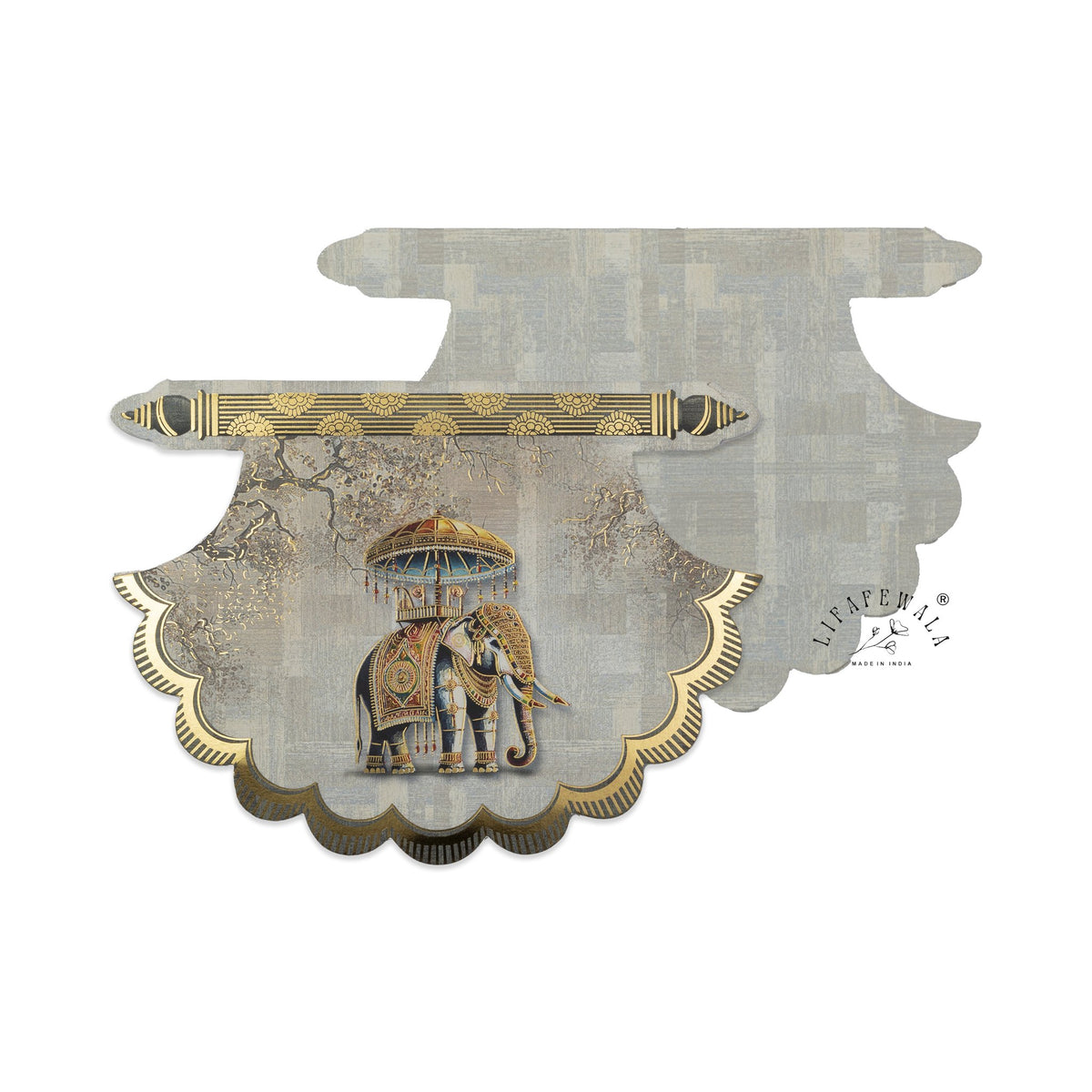Grey Scalloped Royal Elephant pocket shagun envelope front and back by LIFAFEWALA