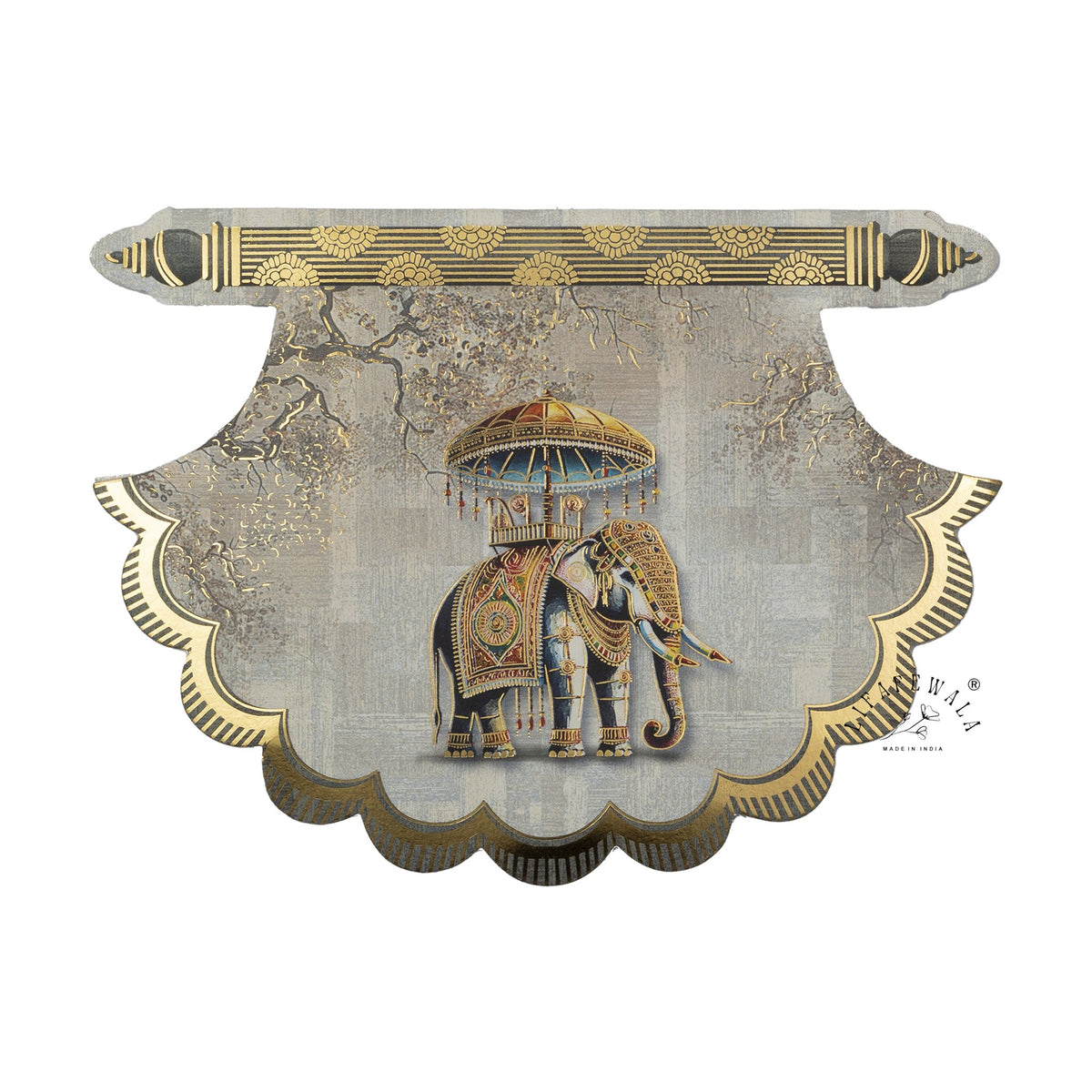 Front of Grey Scalloped Royal Elephant pocket shagun envelope with gold-foil scalloped edge and chhatri