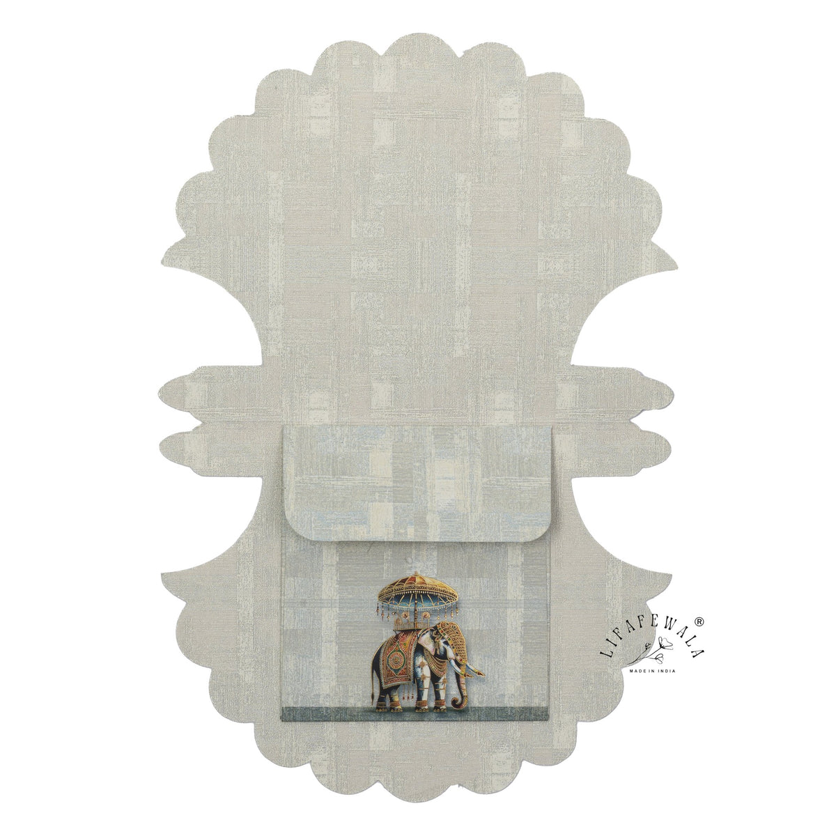 Open Grey Scalloped Royal Elephant pocket shagun envelope showing back and tuck flap – LIFAFEWALA