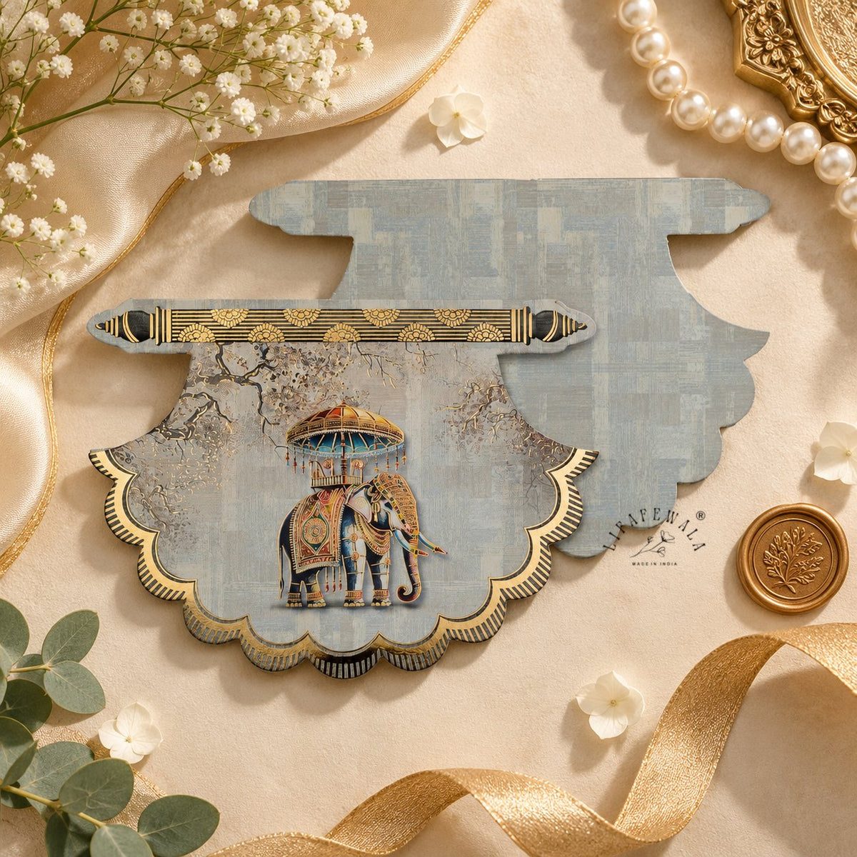 Grey Scalloped Royal Elephant pocket shagun envelope by LIFAFEWALA styled with pearls and gold ribbon
