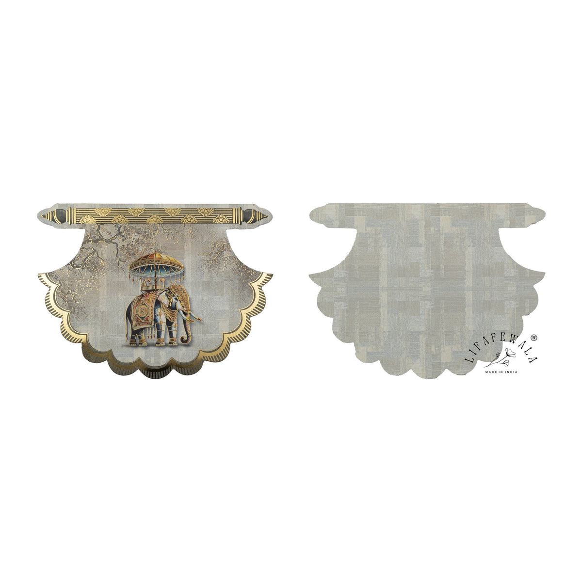 Pair of small grey royal elephant shagun envelopes, front and back – LIFAFEWALA pocket size