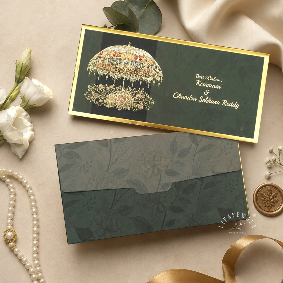 Emerald Golden Chhatri Velvet Shagun Envelopes | LIFAFEWALA (Velvet Feel, Pack of 20–200)