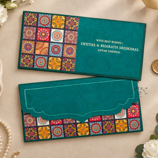 Teal Mandala Tile Velvet Shagun Envelopes | LIFAFEWALA (Velvet+UV, Pack of 20–200)