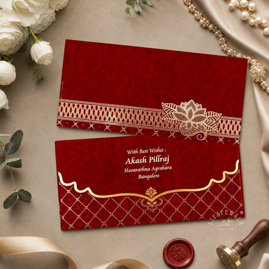 Red Kamal Lotus Lattice Velvet Shagun Envelopes | LIFAFEWALA (Velvet Feel Gold Foil, Pack of 20–200)