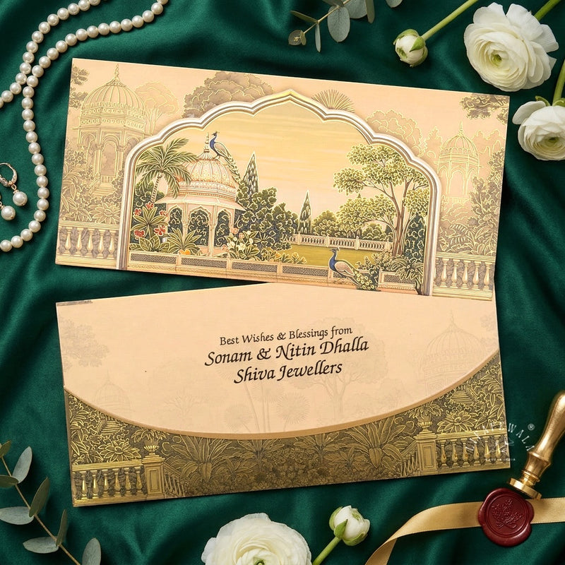 Golden Mughal Pavilion Garden matte UV shagun envelope by LIFAFEWALA – main photo