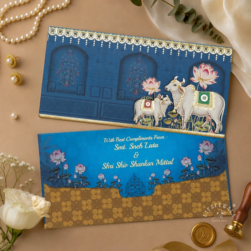 Blue Pichwai Cow & Calf Shagun Envelopes | LIFAFEWALA (Velvet Feel, Pack of 20–200)
