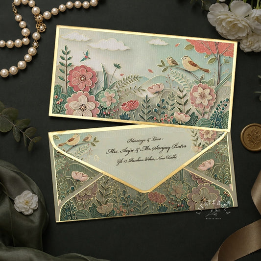 Pastel Birds & Blossom Garden Premium Shagun Envelopes | LIFAFEWALA (Velvet, UV & Gold Foil, Pack of 20–200)