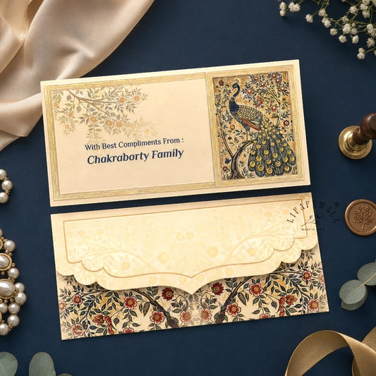 Golden Peacock & Blossom Tree Velvet Shagun Envelopes | LIFAFEWALA (Velvet+UV, Pack of 20–200)