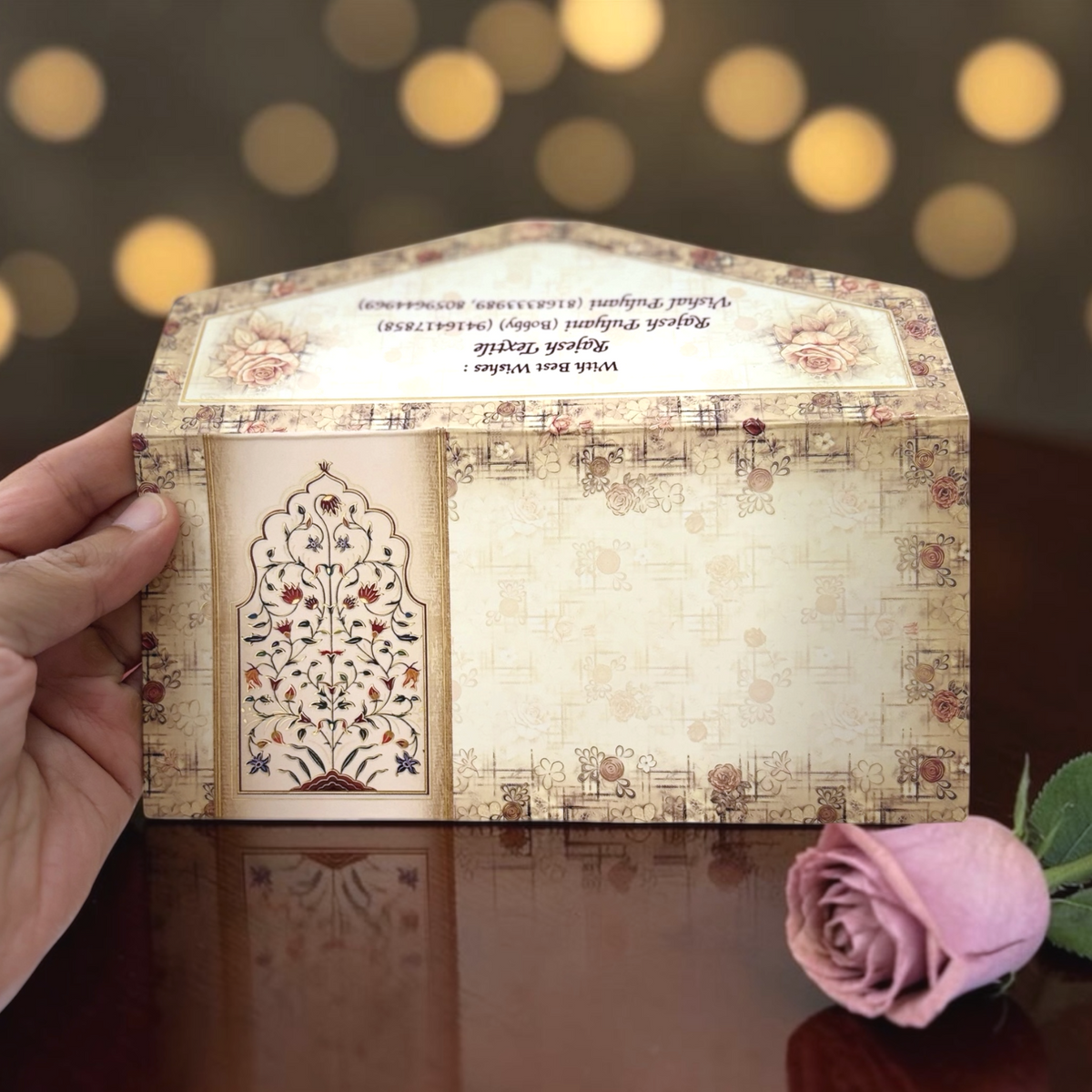 Jaali Arch Flower Print velvet UV shagun envelope by LIFAFEWALA – photo 1 of 8