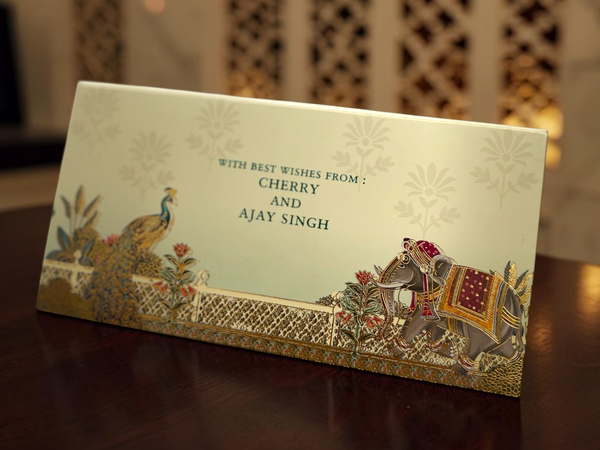 Royal Peacock & Elephant Multicolour Shagun Envelopes | LIFAFEWALA (Matte Gold Foil, Pack of 20–200)
