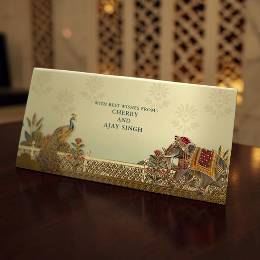 Royal Peacock & Elephant Design Shagun Lifafa | LIFAFEWALA Gold Foil Envelopes (Pack of 20–200)