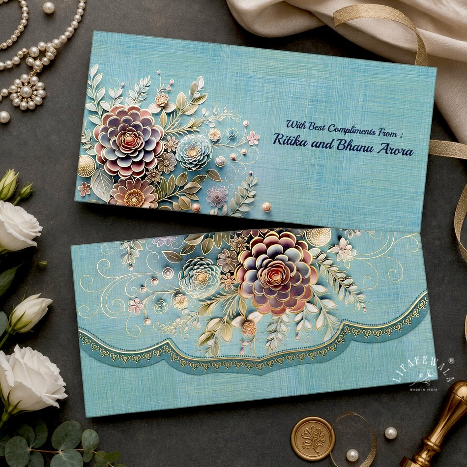 Aqua Blossom Bouquet Shagun Envelopes | LIFAFEWALA (Velvet Feel, Pack of 20–200)
