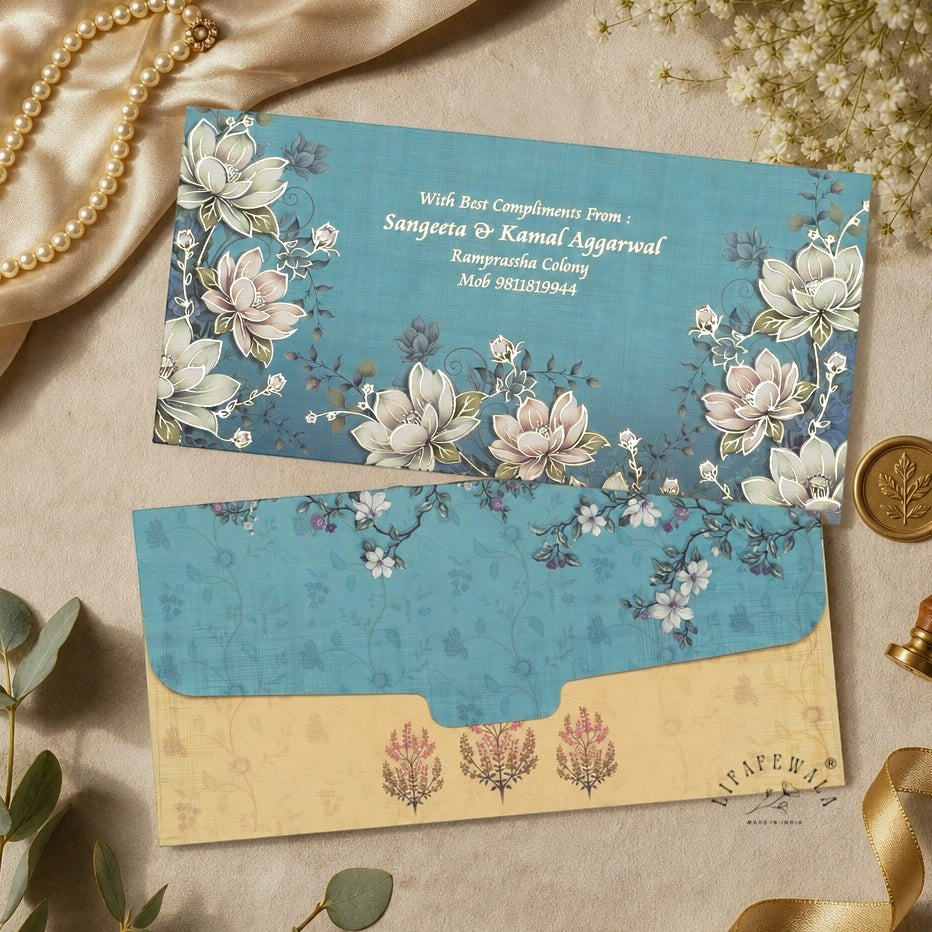Teal Lotus Garden Shagun Envelopes | LIFAFEWALA (Velvet Feel, Pack of 20–200)