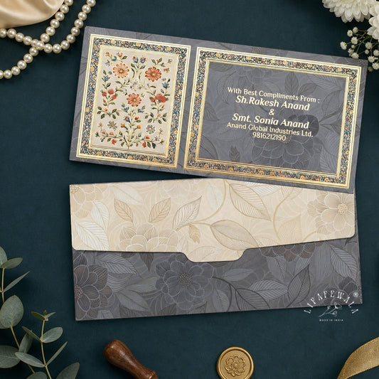Grey Mughal Floral Twin Panel Velvet Shagun Envelopes | LIFAFEWALA (Velvet Feel, Pack of 20–200)