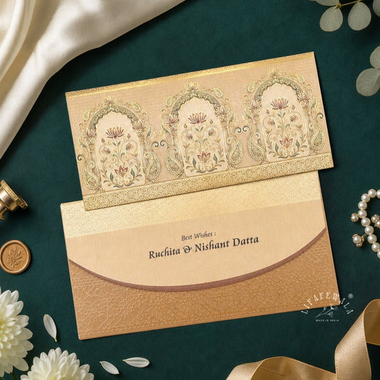 Mughal Arch Lotus Bouquet Shagun Envelopes | LIFAFEWALA (Matte+UV, Pack of 20–200)