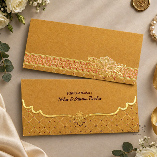 Golden Kamal Lotus Lattice Velvet Shagun Envelopes | LIFAFEWALA (Velvet Feel Gold Foil, Pack of 20–200)