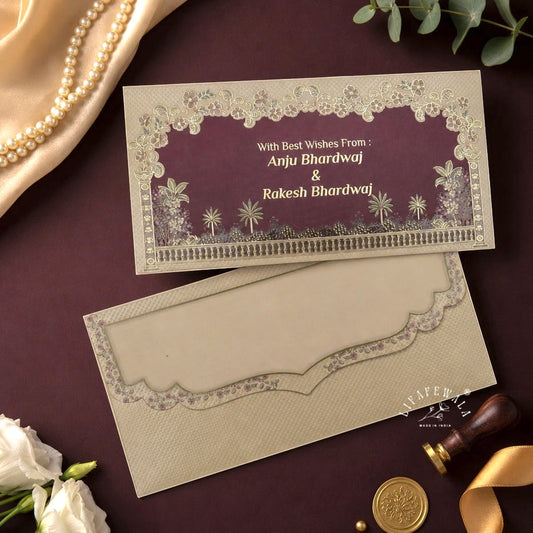 Maroon Floral Frame Palace Garden Shagun Envelopes | LIFAFEWALA (Matte+UV, Pack of 20–200)