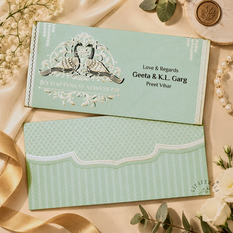 Sage Green Happiness Always Twin Peacock shagun envelope by LIFAFEWALA – photo 1 of 7
