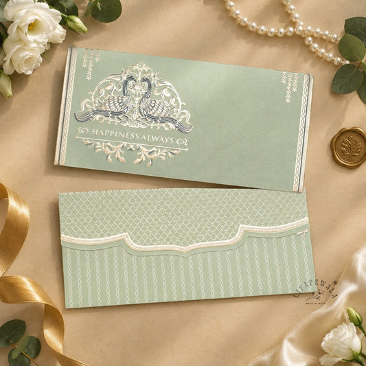Sage Green Happiness Always Twin Peacock Shagun Envelopes | LIFAFEWALA (Fancy Metallic, Pack of 20–200)