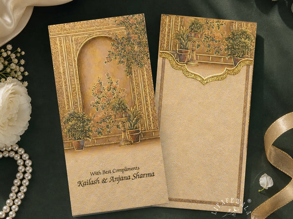 Mughal Courtyard Garden Vertical Shagun Envelopes | LIFAFEWALA (Velvet+UV, Pack of 20–200)