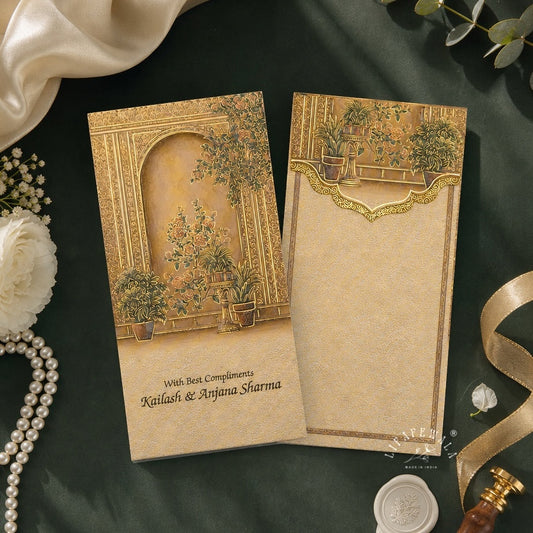 Mughal Courtyard Garden Vertical Shagun Envelopes | LIFAFEWALA (Velvet+UV, Pack of 20–200)