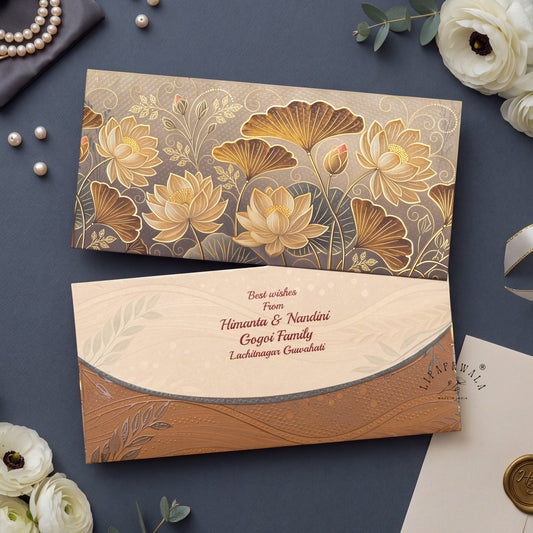 Golden Lotus & Ginkgo Shagun Envelopes | LIFAFEWALA (Matte+UV, Pack of 20–200)
