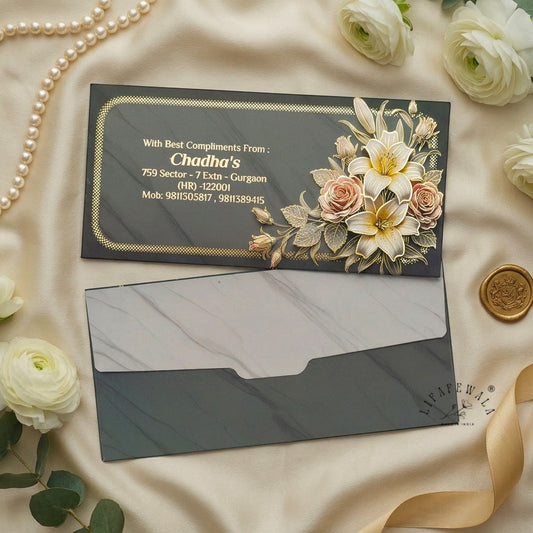 Grey Marble Lily & Rose Bouquet Velvet Shagun Envelopes | LIFAFEWALA (Velvet Feel, Pack of 20–200)
