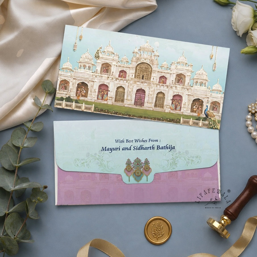 Aqua Lilac Palace Façade Shagun Envelopes | LIFAFEWALA (Matte Finish, Pack of 20–200)