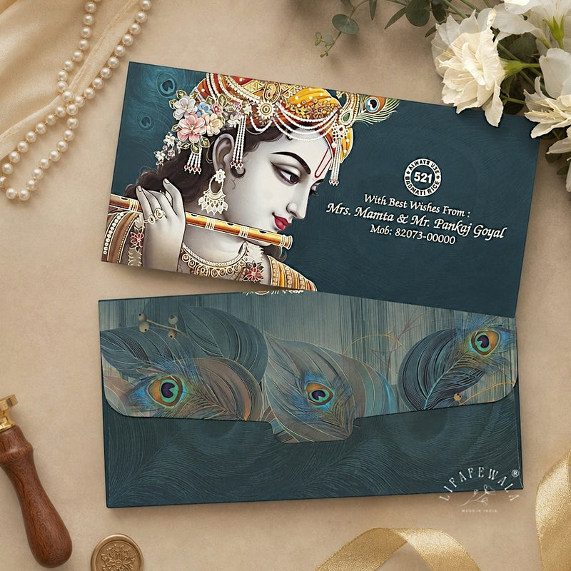 Krishna Flute & Peacock Feather Shagun Envelopes | LIFAFEWALA (Velvet Feel, Pack of 20–200)