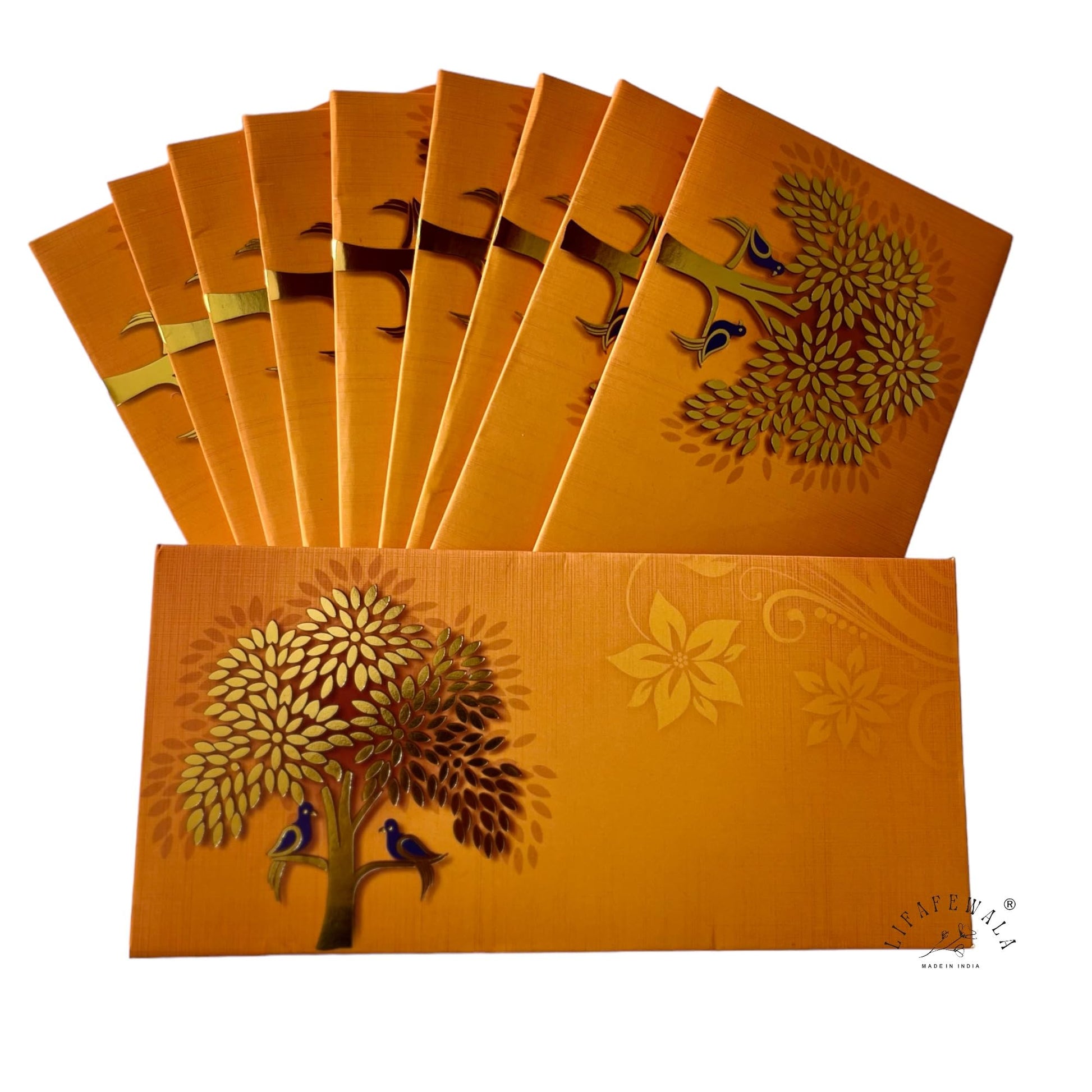 “Orange velvet shagun envelopes with golden design for gifting”