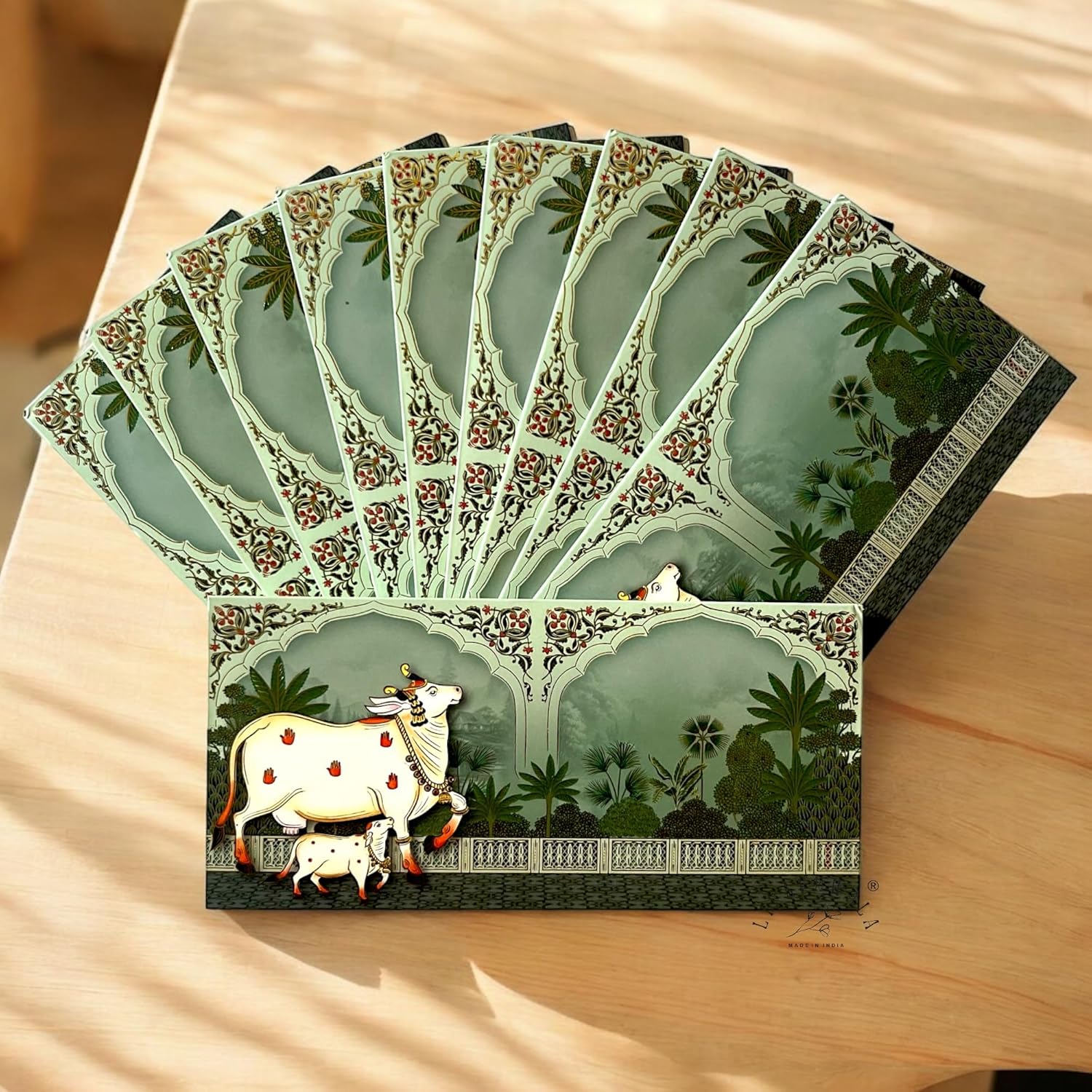 “Luxury Pichwai art shagun envelopes with velvet gold foil finish”