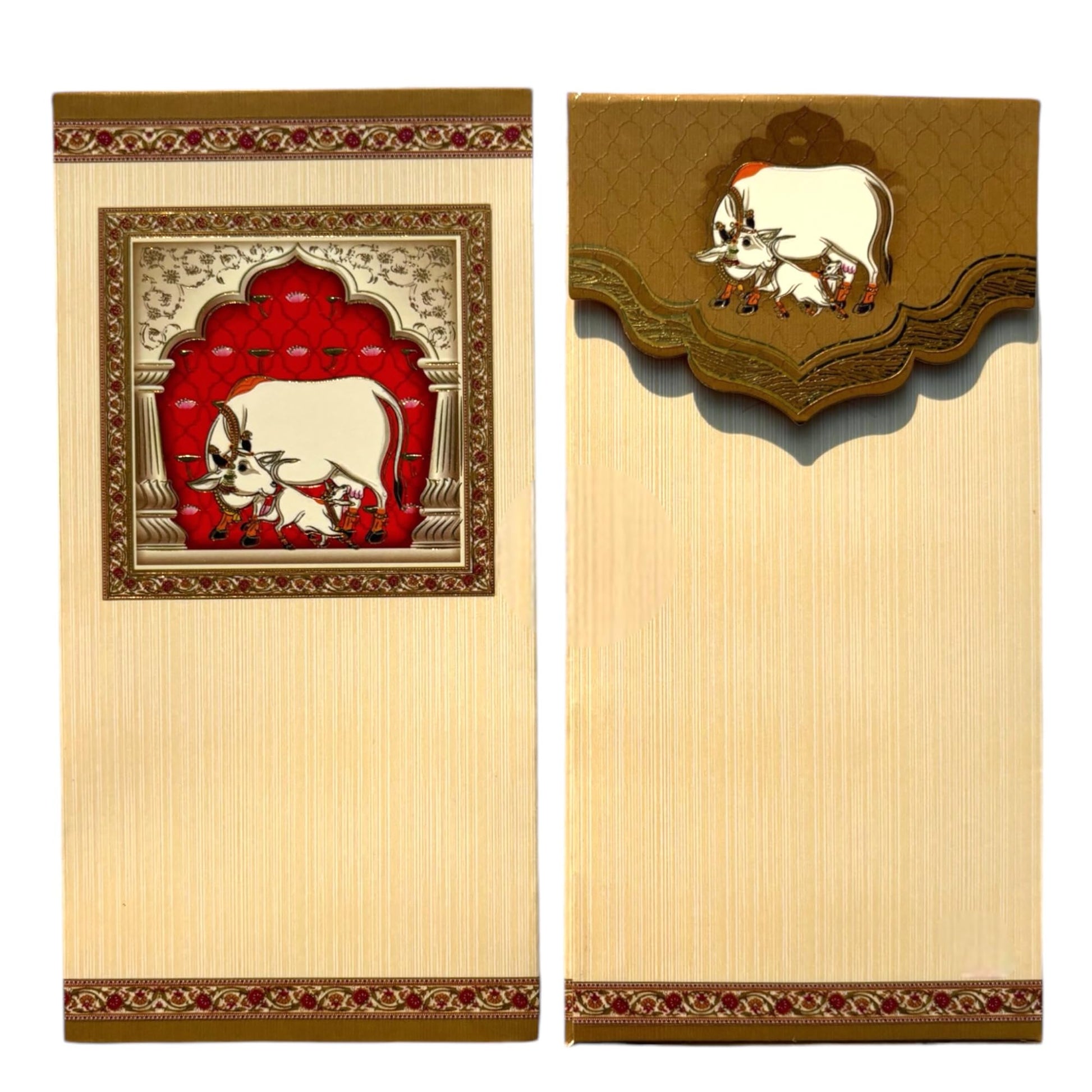 “Pichwai art velvet shagun envelopes with gold foil finish”