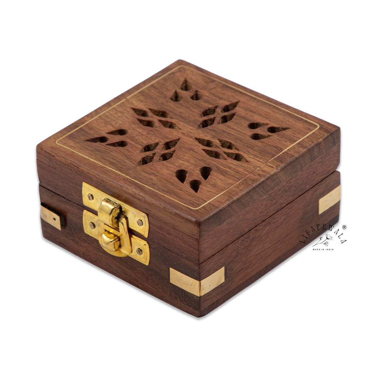 Wooden ginni coin box with brass latch and brass corners by LIFAFEWALA