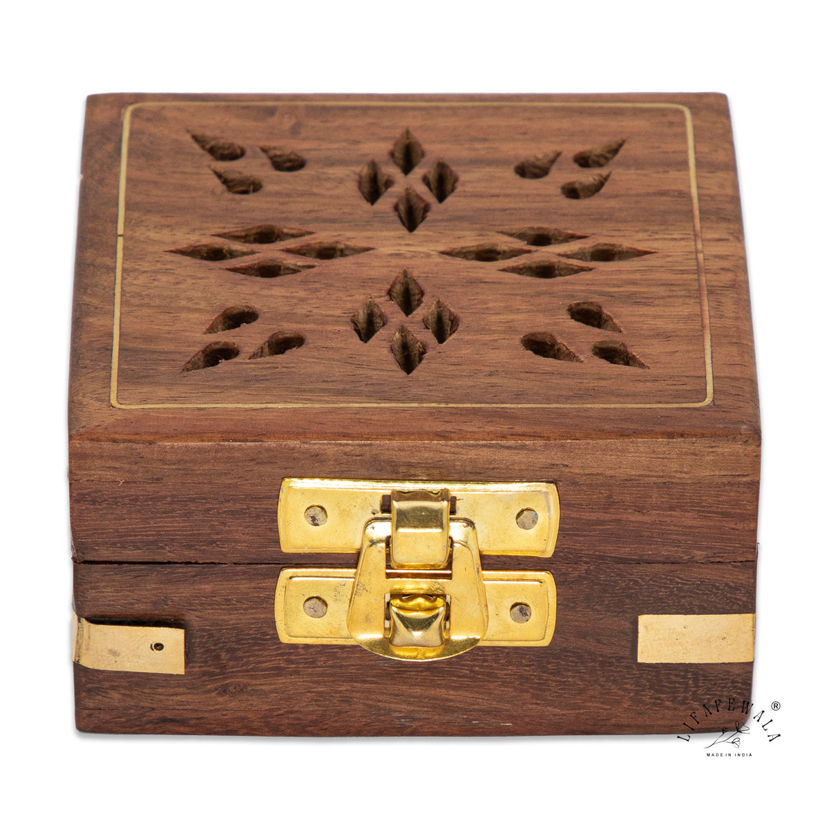 Front view of LIFAFEWALA wooden coin box with brass latch