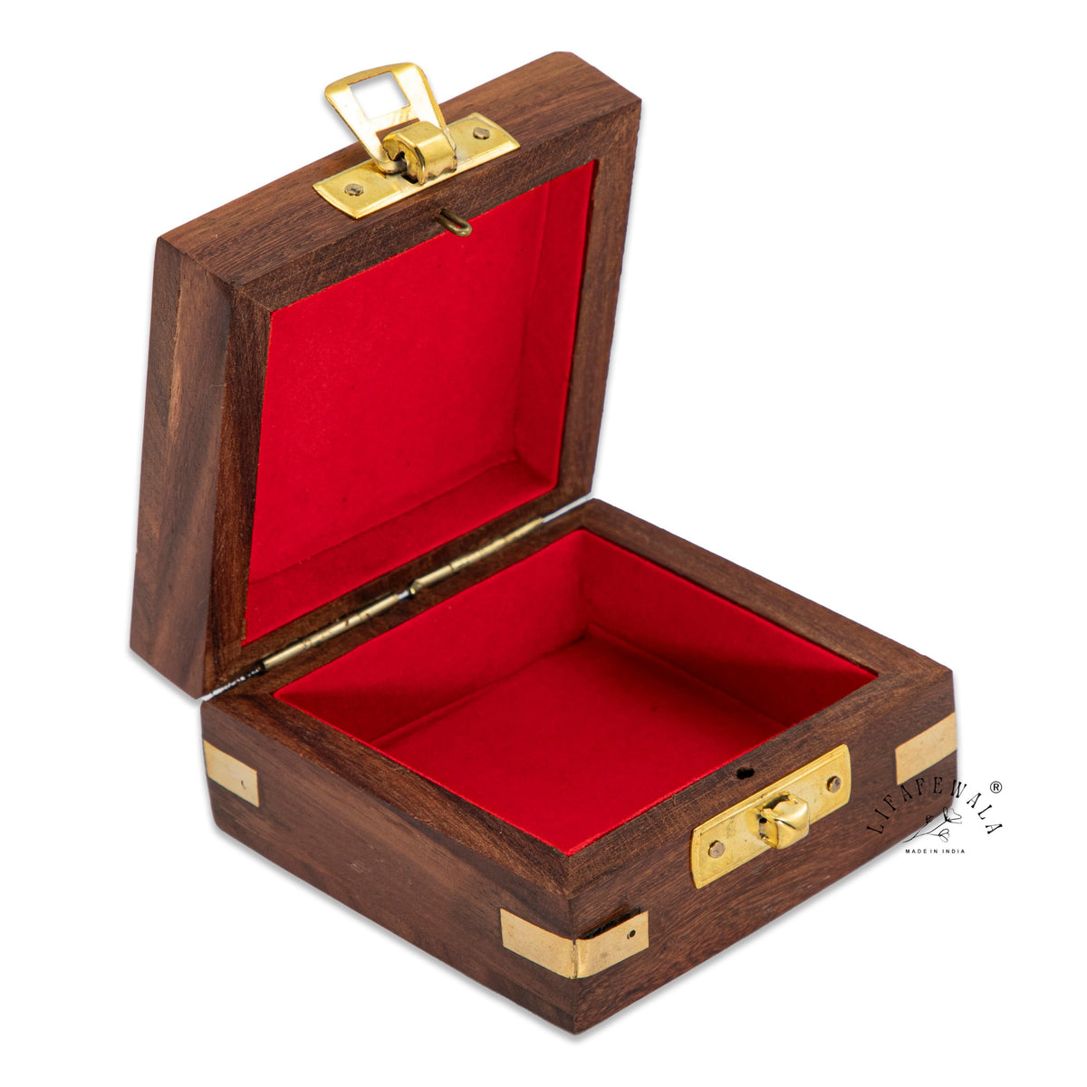 LIFAFEWALA wooden ginni coin box open with red velvet lining inside